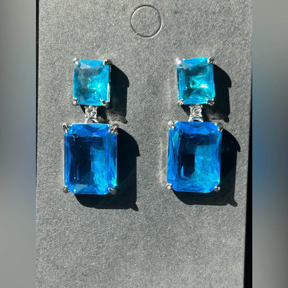 #458 - Blue Rectangular Rhinestone Post Dangle Earrings